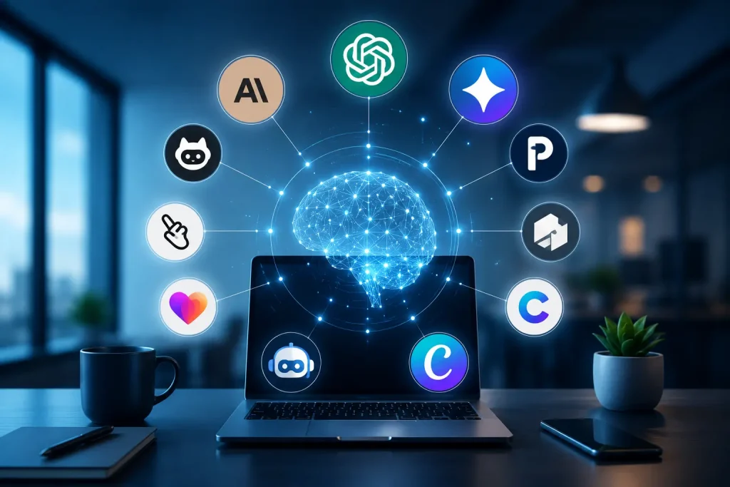 Illustration représentant les meilleures intelligences artificielles utilisées par les entreprises en 2026 pour améliorer leur productivité et accélérer leur transformation digitale.