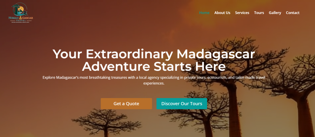Site vitrine de l'agence de voyage Nomadagascar Travel spécialisée dans les circuits touristiques à Madagascar
