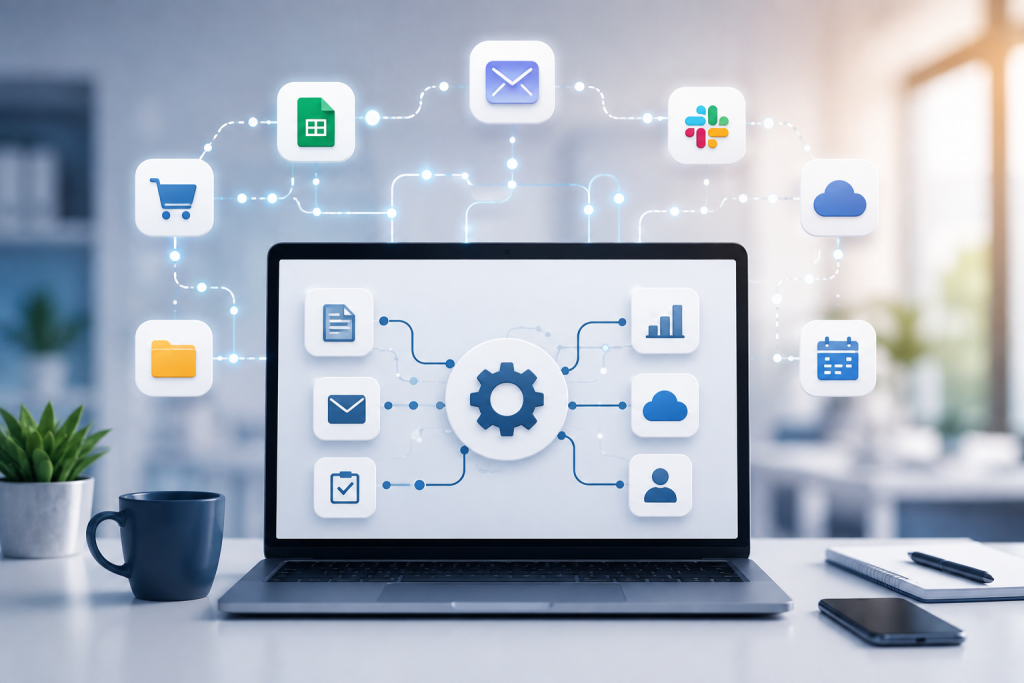 Illustration représentant l'automatisation des tâches en entreprise à travers un ordinateur connecté à plusieurs processus numériques.